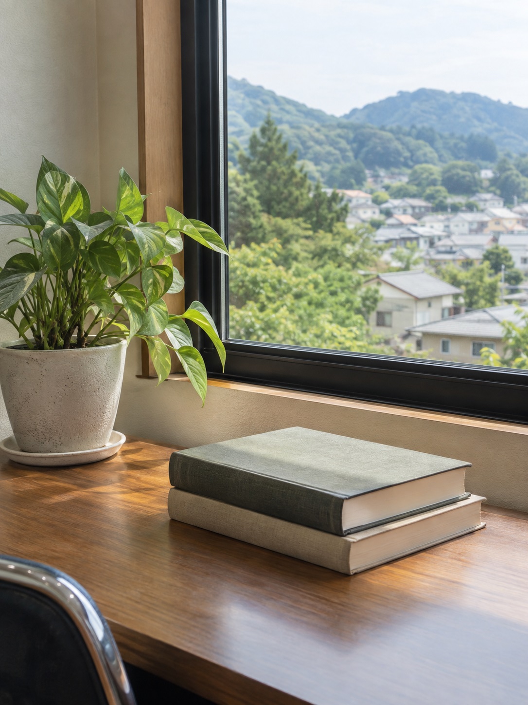 事務所の窓辺。観葉植物と本、窓の外に三春町の眺め